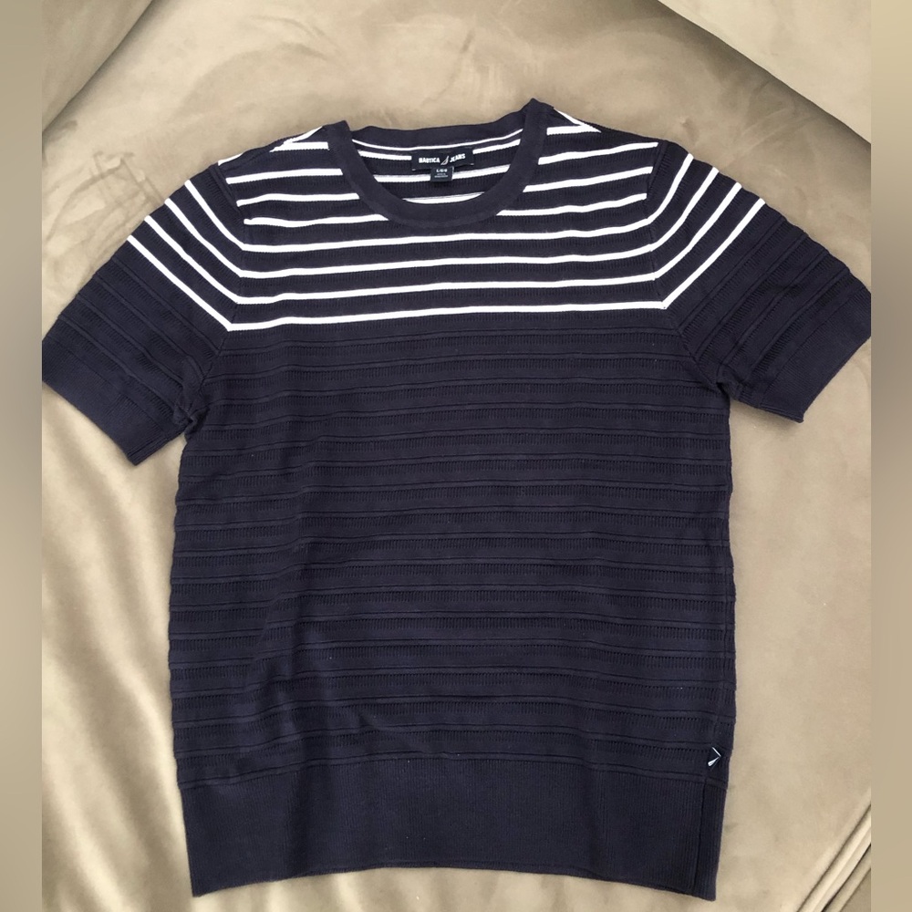 Nautica Navy & White Striped Short Sleeve Knit Sweater Top - Large